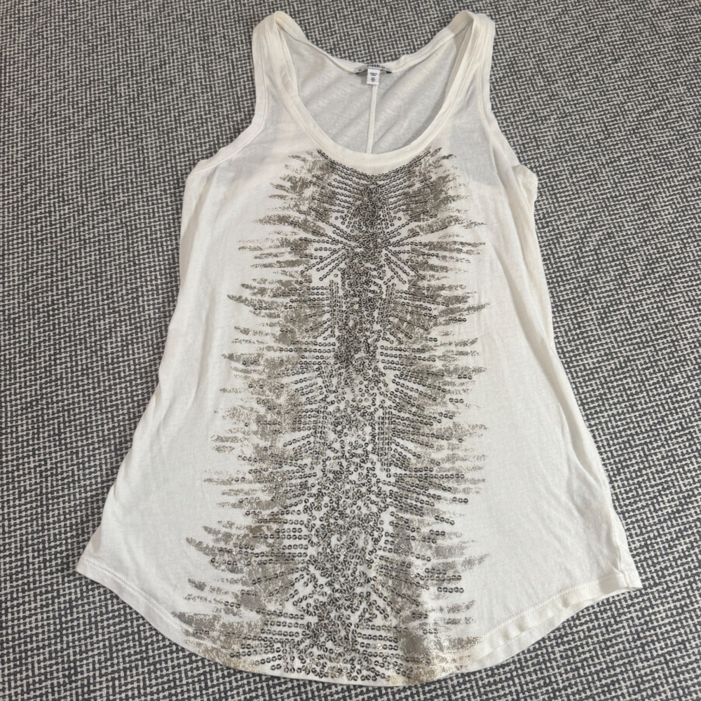 Express Womens XS White Sequin Embellished Scoop Neck Tank Top Silver Sparkle